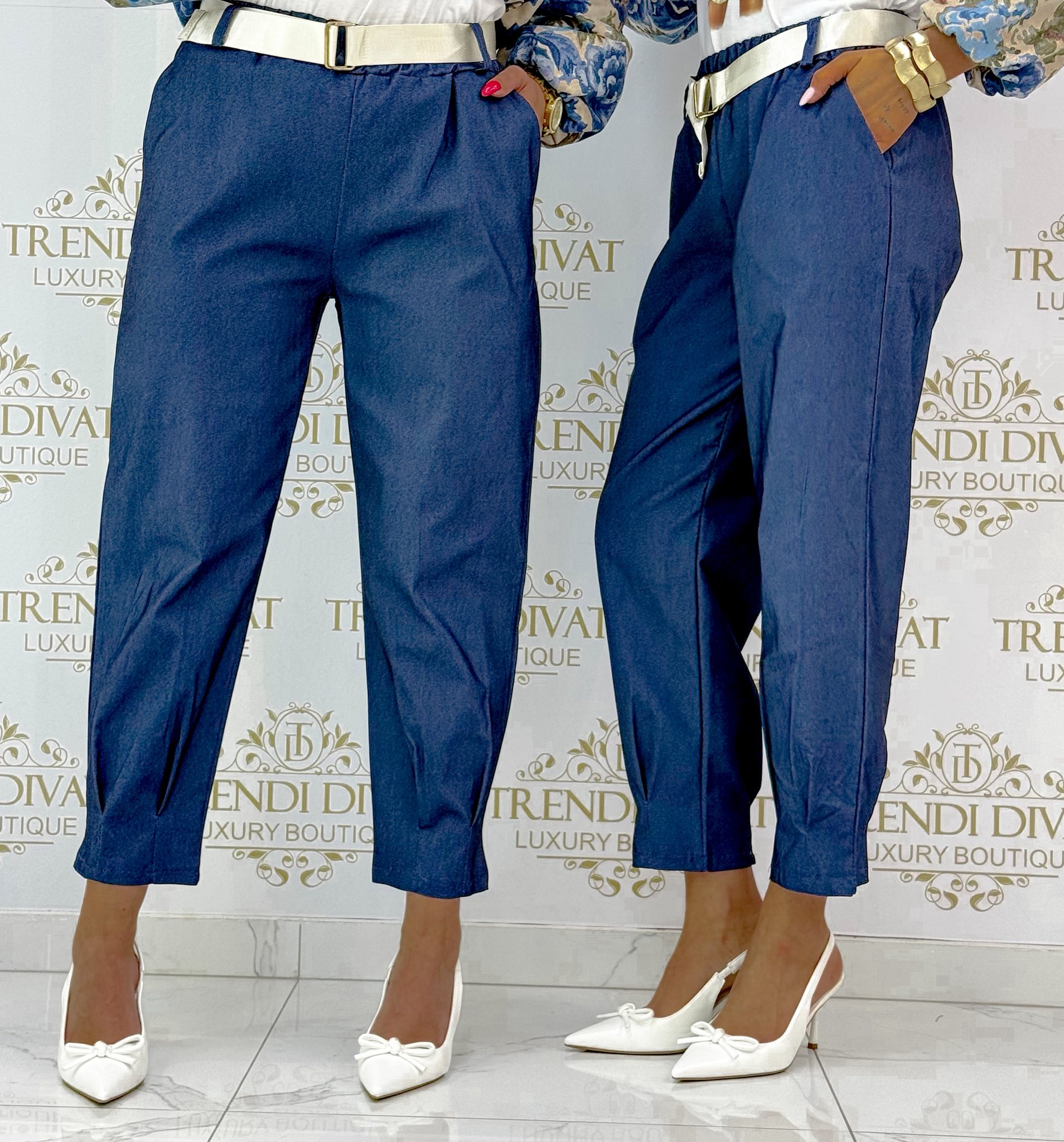 Gumis derekú, ballon fit fazonú, elasztikus vászon anyagú nadrág, selyemfényű övvel - Image 23