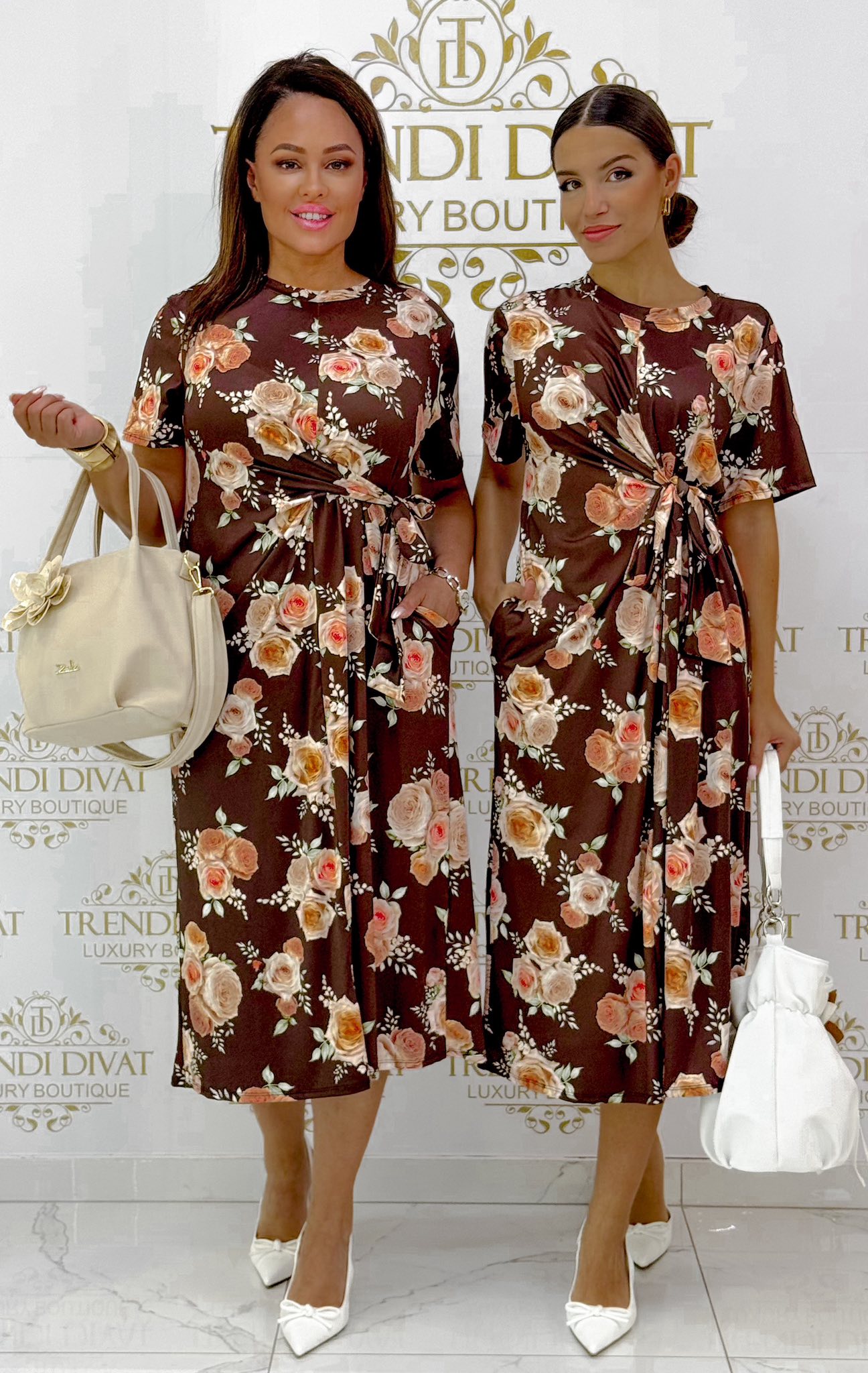 Virágmintás midi ruha, megkötős derékkal