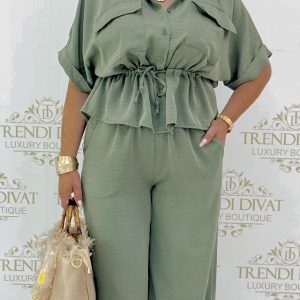 Húzott derekú, lenge anyagú palazzo együttes, galléros felsővel - Keki zöld
