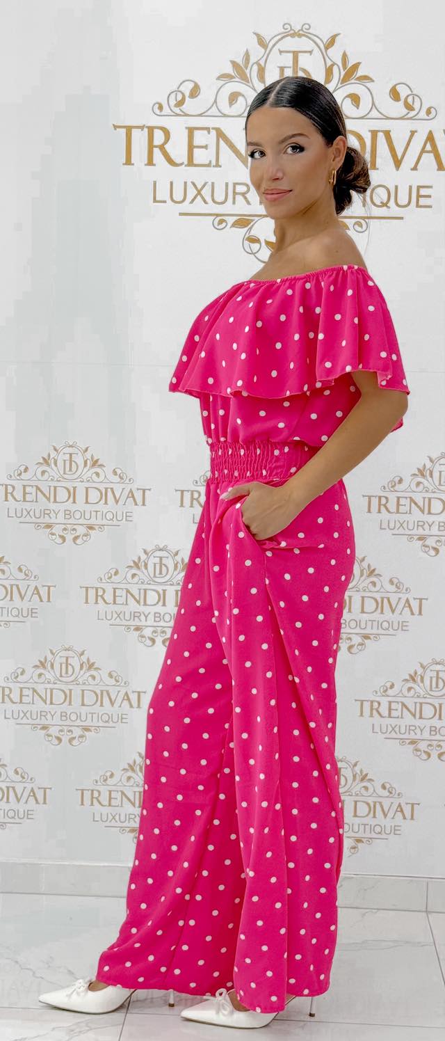 Fodros felsőrészes, gumírozott derekú, pöttyös overál - Image 13