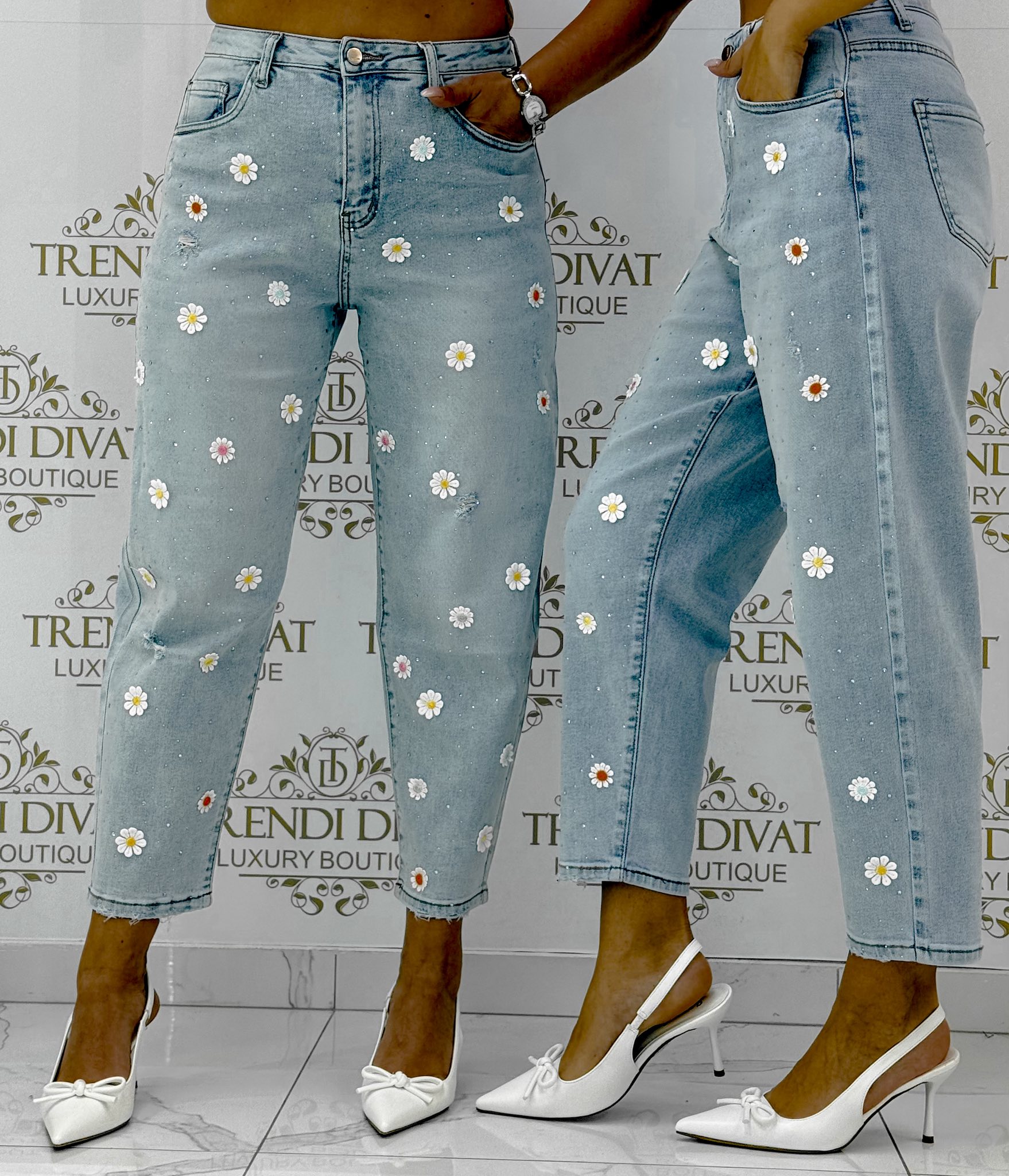 Margaréta mintás, kövekkel díszített női farmernadrág "SK1596-6" - Image 4