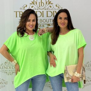 Kerek nyakú, bő fazonú, neon színű tavaszi tunika - Neon zöld