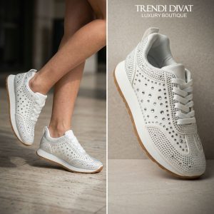 Köves díszítésű, sportosan elegáns sneaker - 39, Fehér/Ezüst