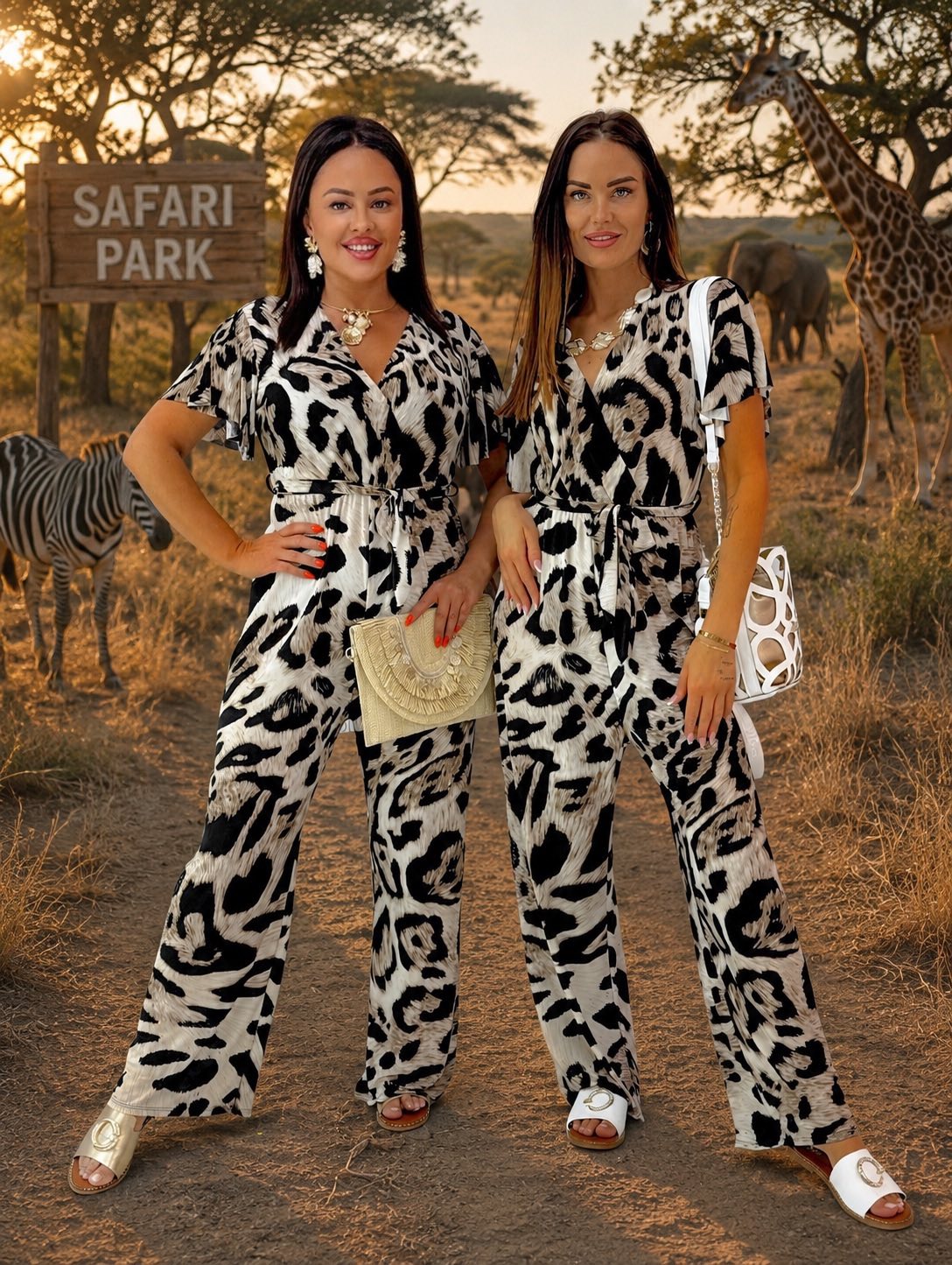V-nyakú szafari mintás női jumpsuit – megkötős derekú nyári overall