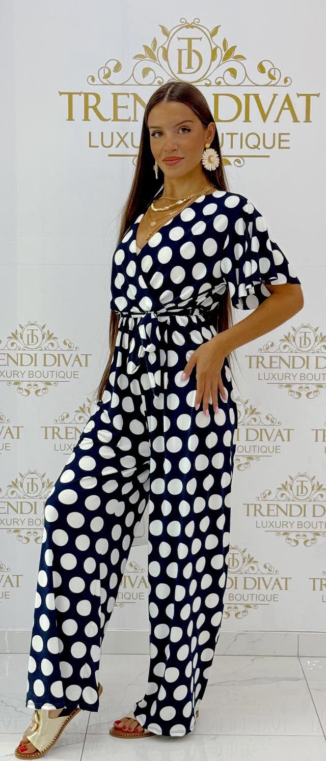V-nyakú pöttyös mintázatú női jumpsuit – megkötős derekú nyári overall - Image 11