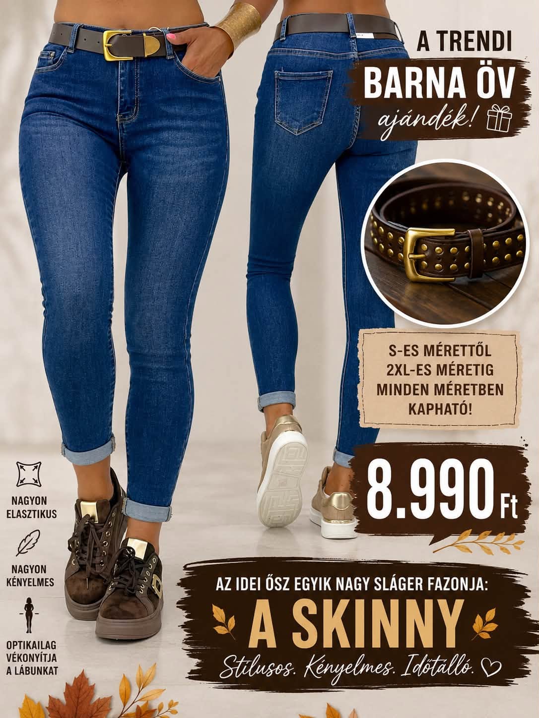Koptatott kék skinny női farmernadrág ajándék övvel "SZ3335-1" - Image 2