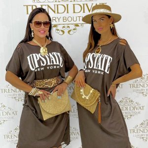 "UPSTATE new york" feliratos sportos tunikaruha tépett vállrésszel és aljjal - Csoki barna