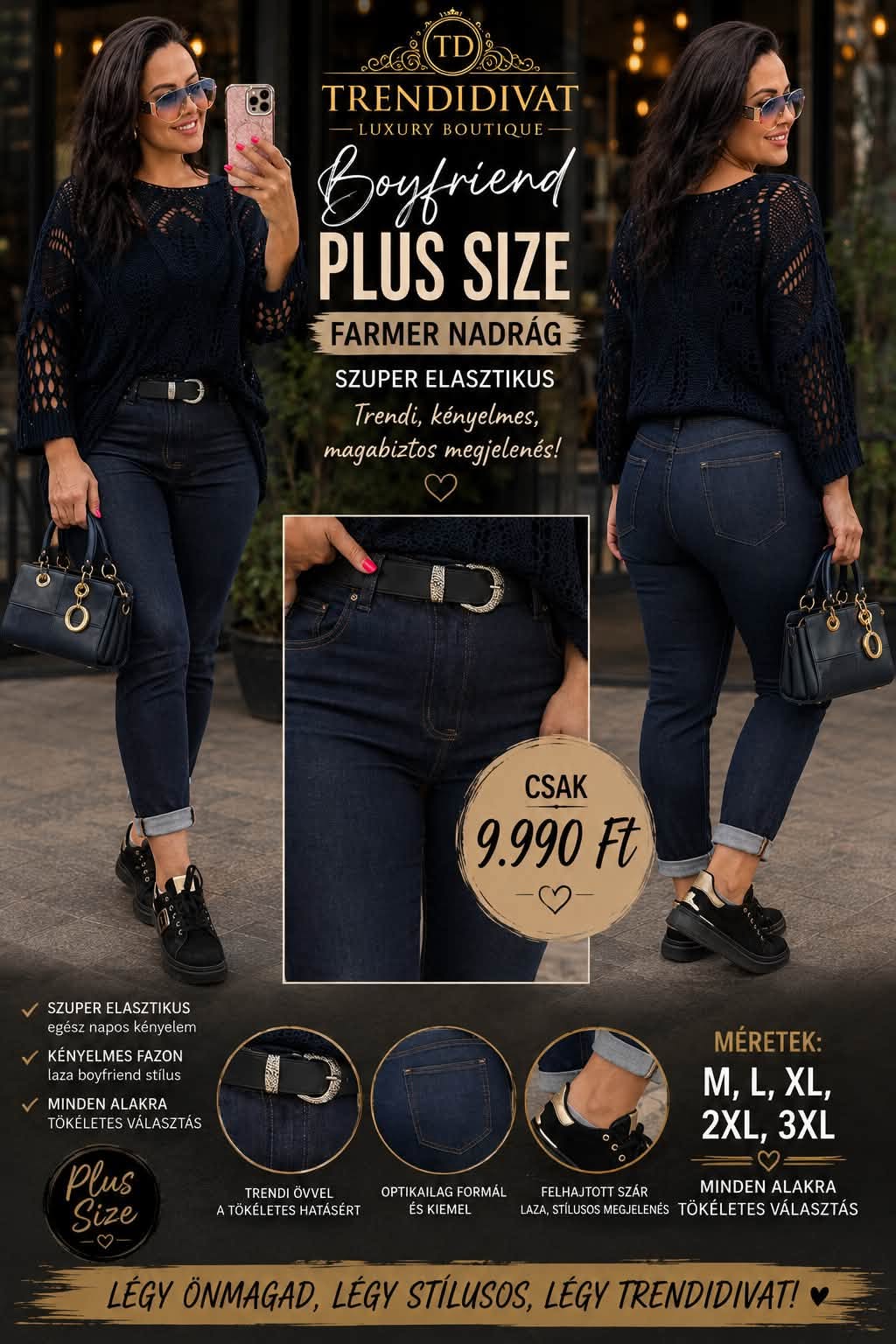 Plus size, rugalmas sötétkék slim farmer felhajtott szárral – Övvel "M1376"