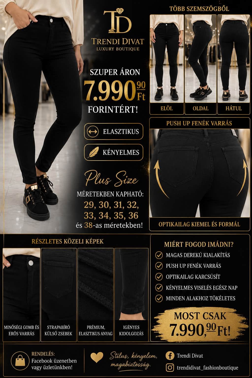 Plus size, magas derekú fekete női skinny farmer "MS5733-13" - Image 3