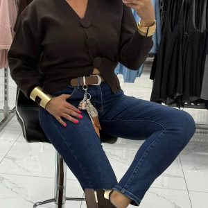 Plus size, magas derekú sötétkék női skinny farmer barna selyem kendős övvel "MS5969-2" - 30