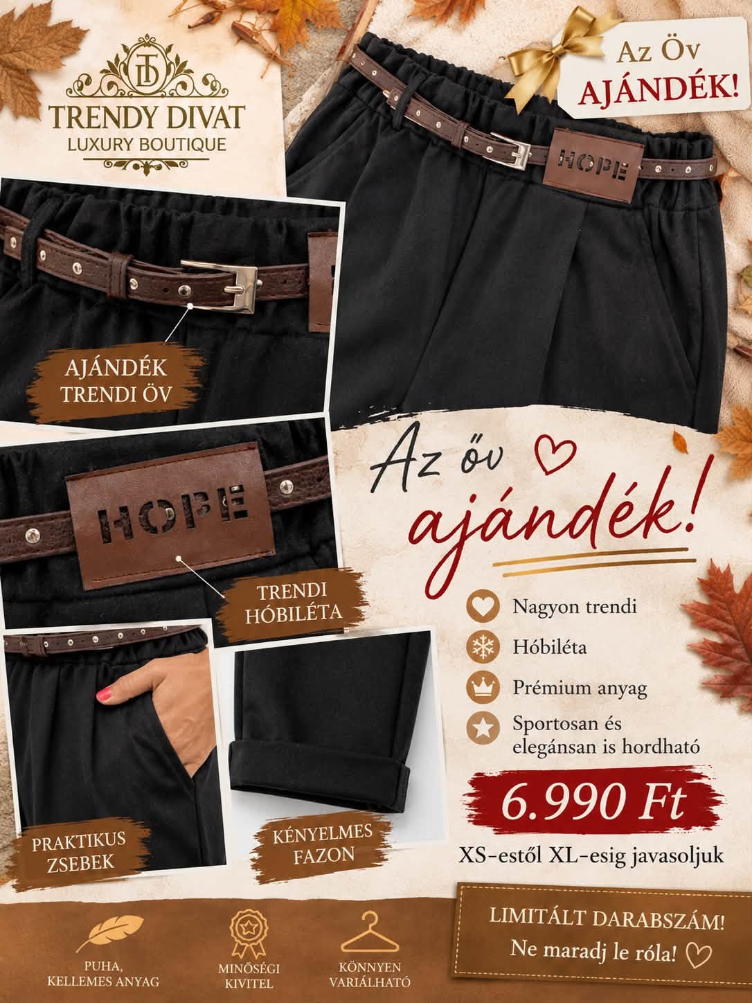 Lefelé szűkülő szárú női szövetnadrág, "HOPE" bilétával, ajándék övvel - Image 2