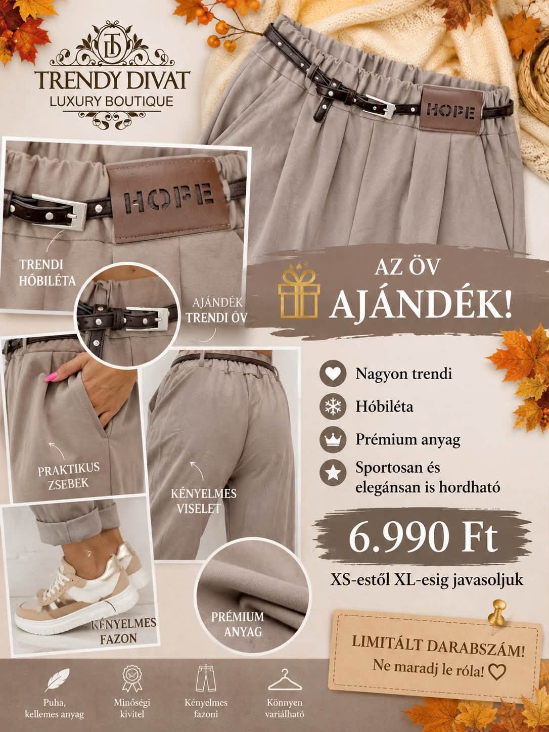 Lefelé szűkülő szárú női szövetnadrág, "HOPE" bilétával, ajándék övvel - Image 17