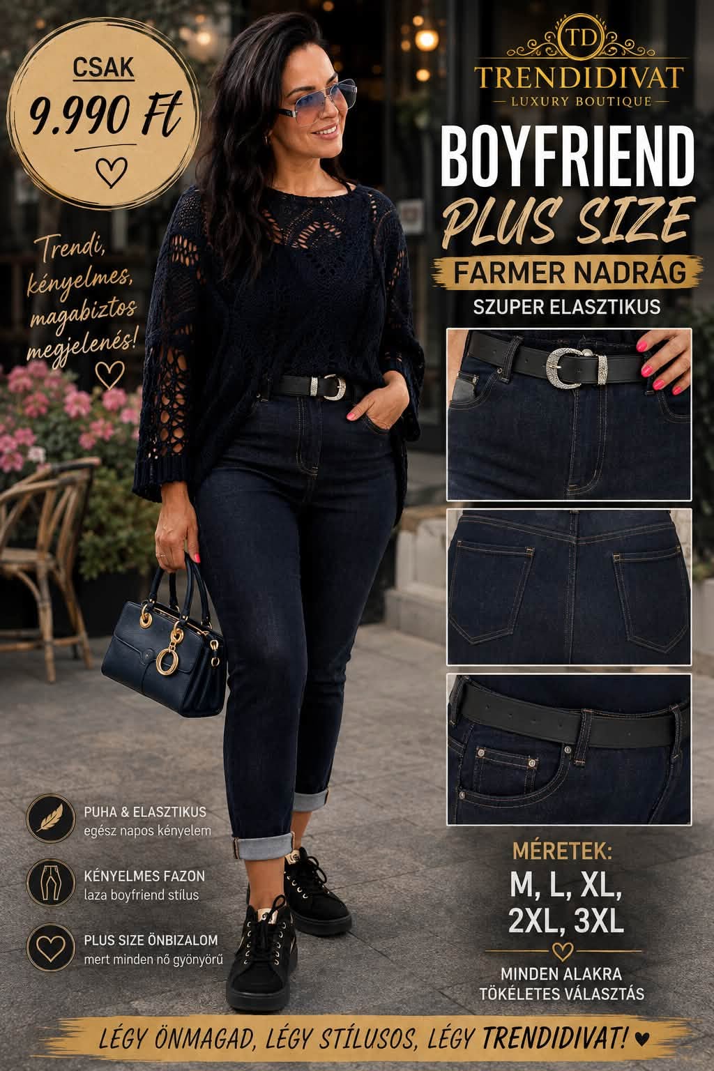 Plus size, rugalmas sötétkék slim farmer felhajtott szárral – Övvel "M1376" - Image 4