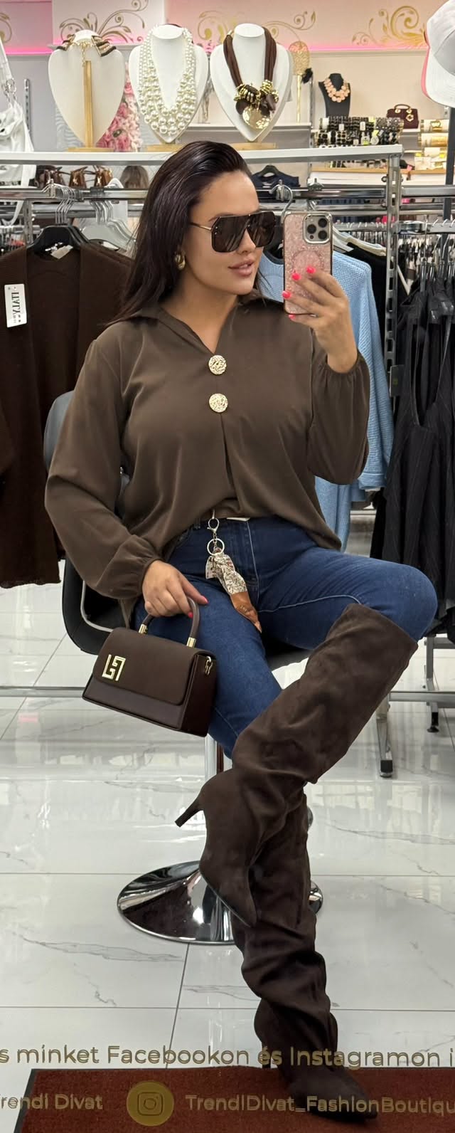 Plus size, magas derekú sötétkék női skinny farmer barna selyem kendős övvel "MS5969-2" - Image 4