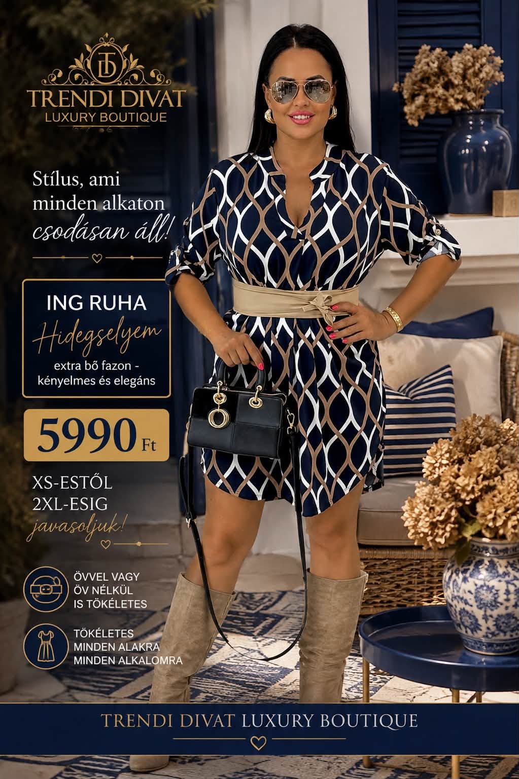 Geometrikus mintás női ingruha – Kék-barna, hosszított fazon