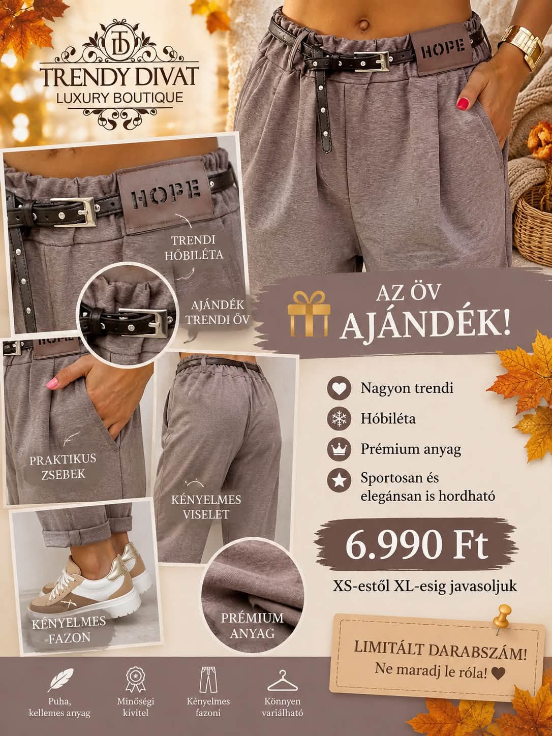 Lefelé szűkülő szárú női szövetnadrág, "HOPE" bilétával, ajándék övvel - Image 27