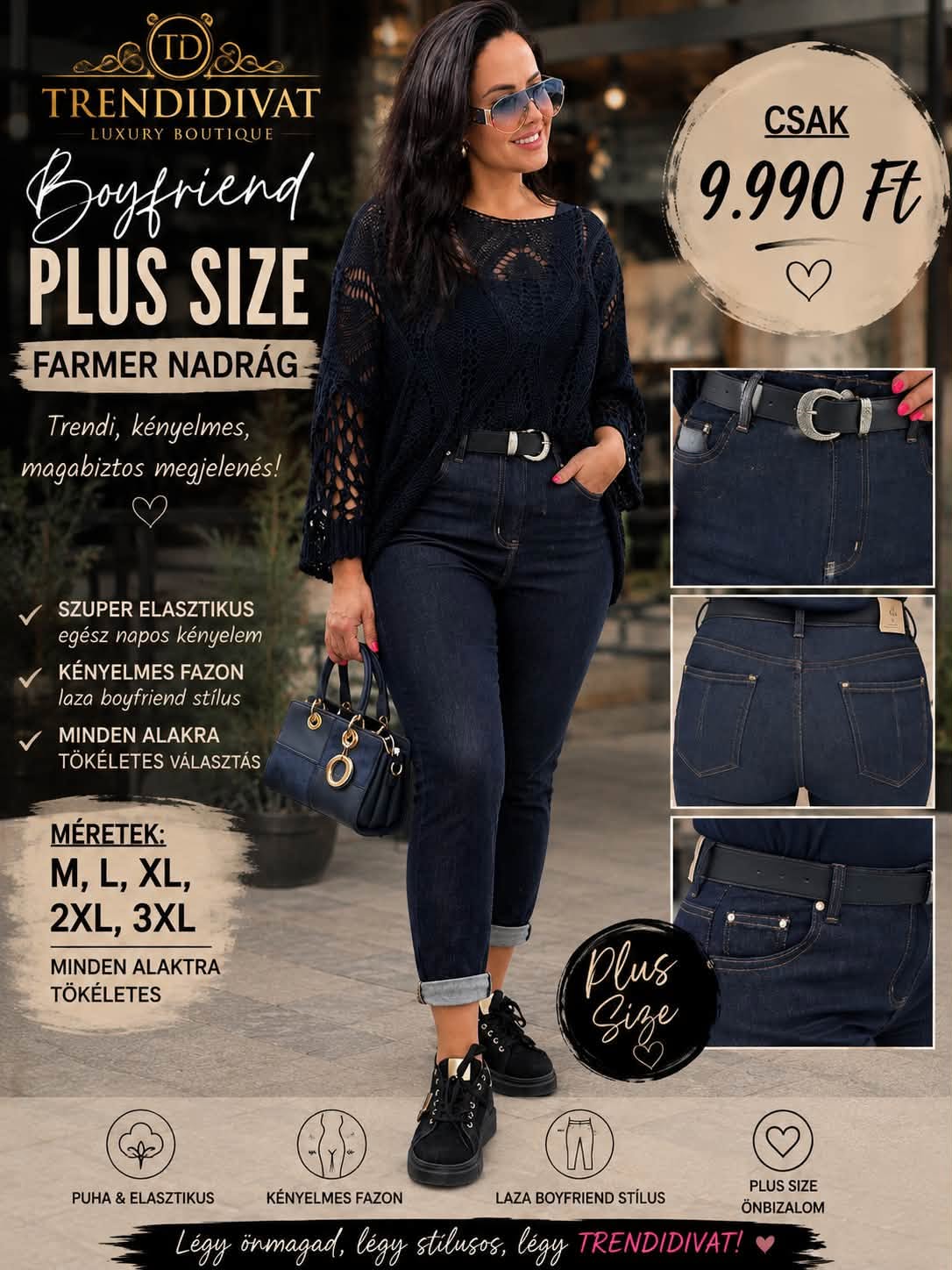 Plus size, rugalmas sötétkék slim farmer felhajtott szárral – Övvel "M1376" - Image 5