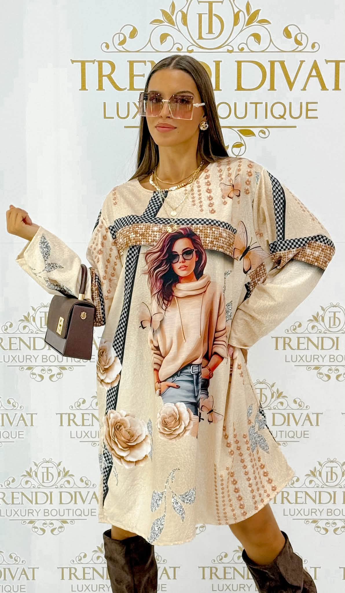 Oversize női portrés és rózsa mintás tunika ruha - Image 35