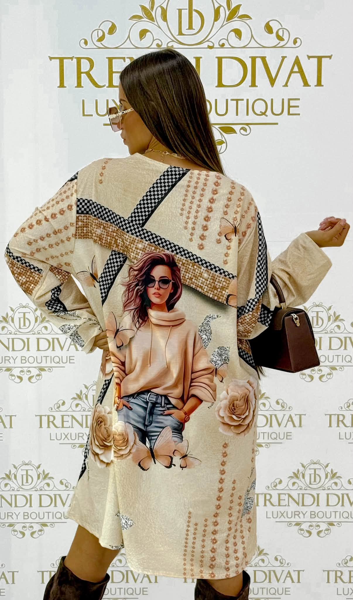 Oversize női portrés és rózsa mintás tunika ruha - Image 37
