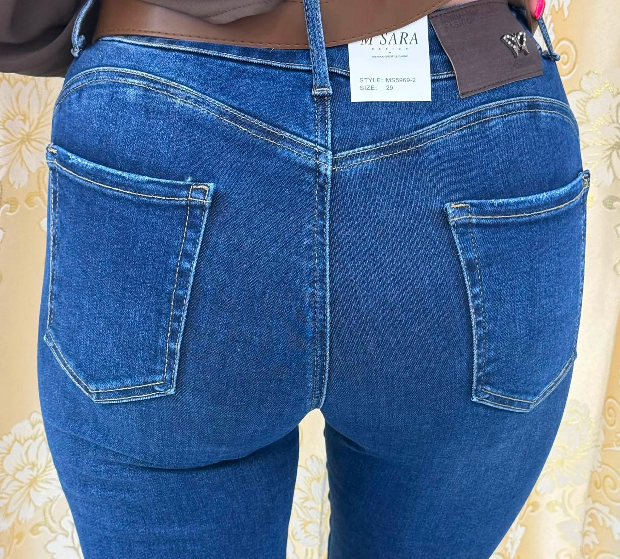 Plus size, magas derekú sötétkék női skinny farmer barna selyem kendős övvel "MS5969-2" - Image 7