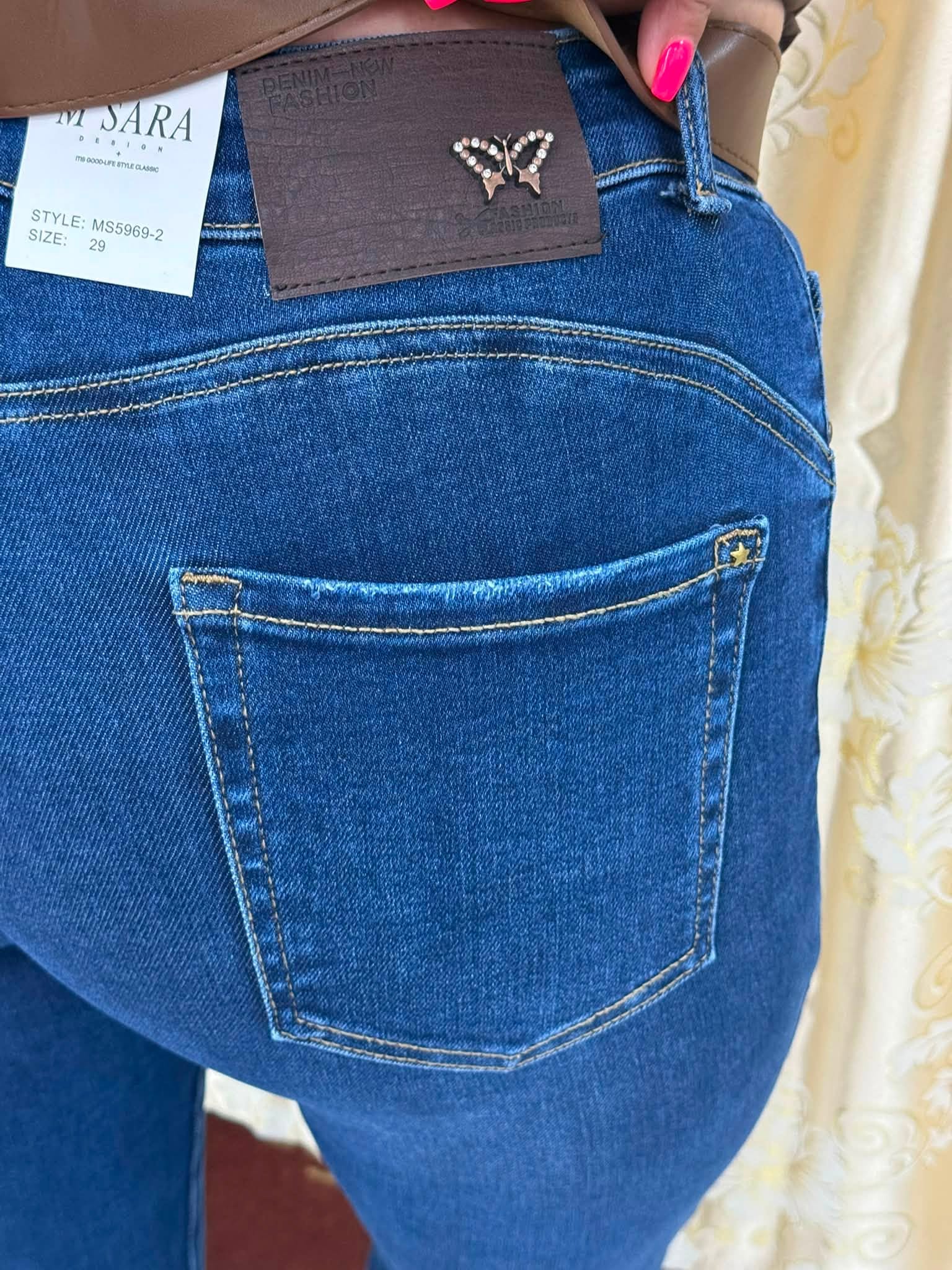 Plus size, magas derekú sötétkék női skinny farmer barna selyem kendős övvel "MS5969-2" - Image 8