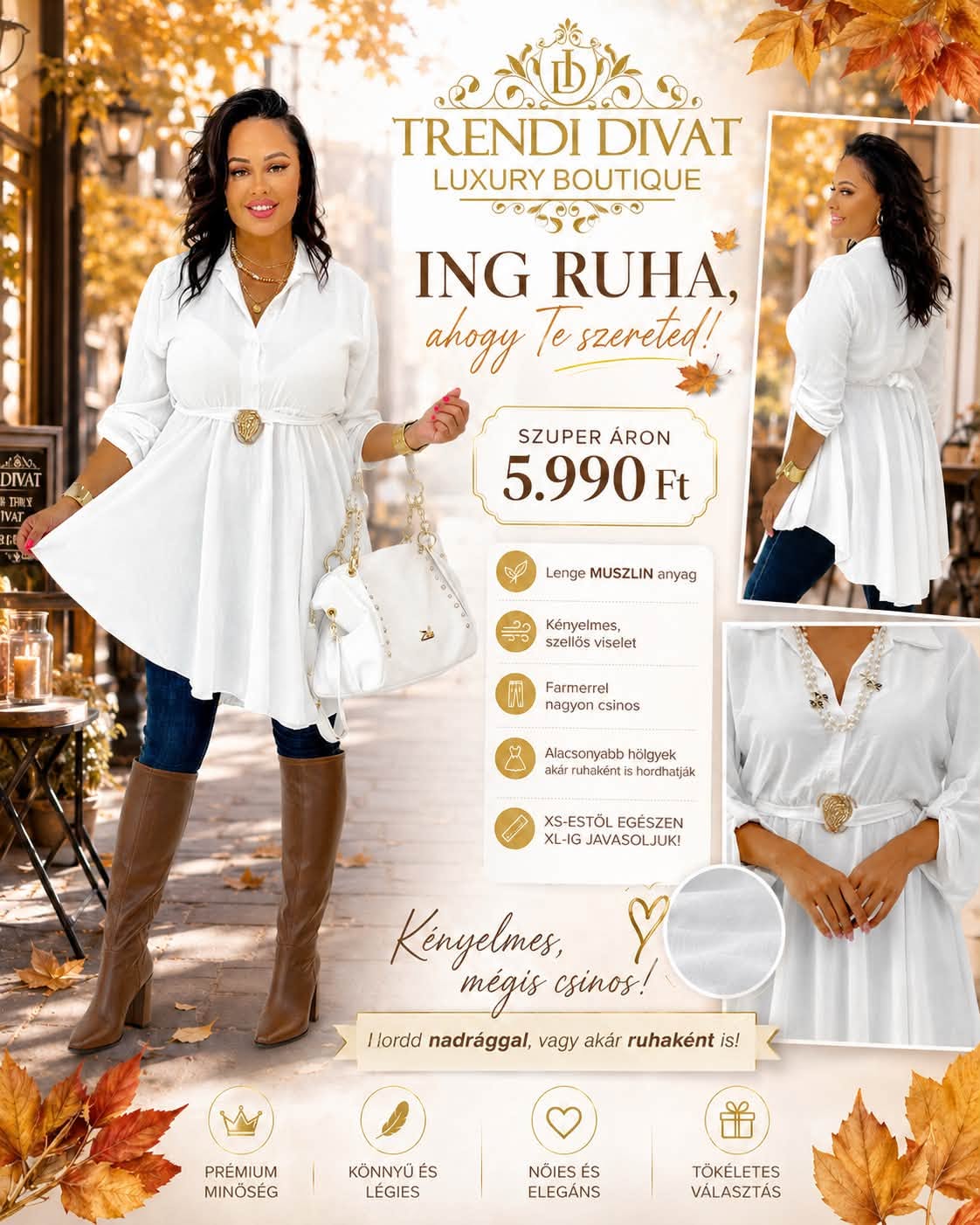 Gumis derekú gombos ingruha, arany színű csatos övvel - felhajtható ujjal - Image 8
