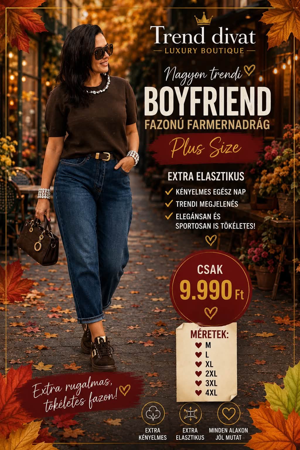 Plus size, magas derekú középkék női mom fit farmer, barna övvel "MK201-1"