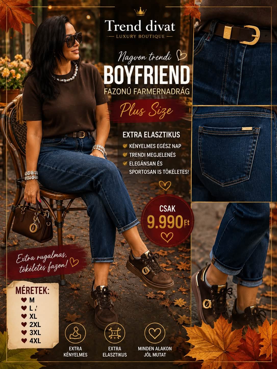 Plus size, magas derekú középkék női mom fit farmer, barna övvel "MK201-1" - Image 6