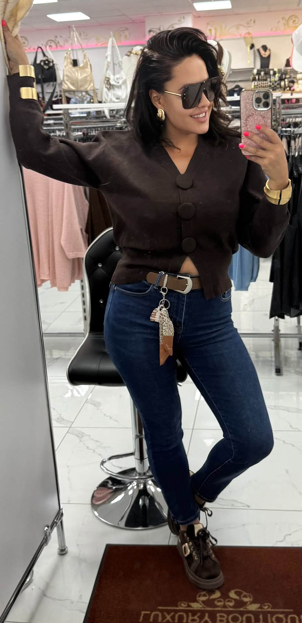 Plus size, magas derekú sötétkék női skinny farmer barna selyem kendős övvel "MS5969-2" - Image 9