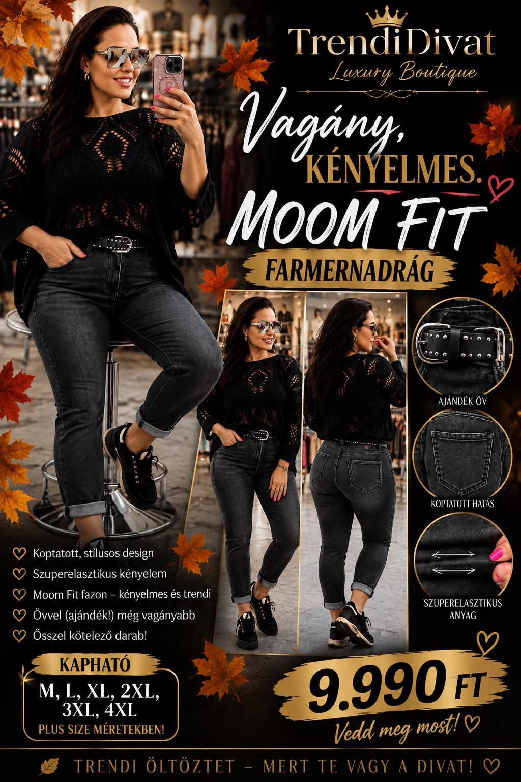 Plus size, koptatott fekete magas derekú női farmernadrág szegecses övvel "M1382-B" - Image 8