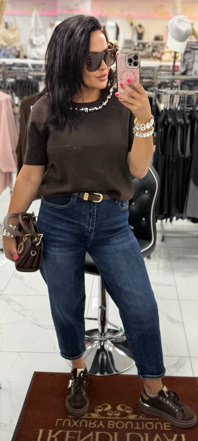 Plus size, magas derekú középkék női mom fit farmer, barna övvel "MK201-1" - Image 12