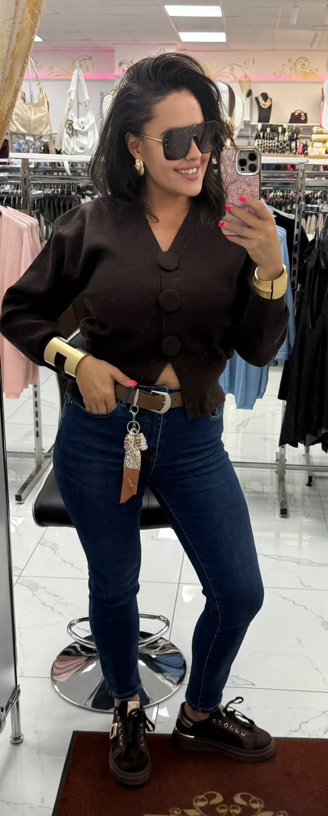 Plus size, magas derekú sötétkék női skinny farmer barna selyem kendős övvel "MS5969-2" - Image 10