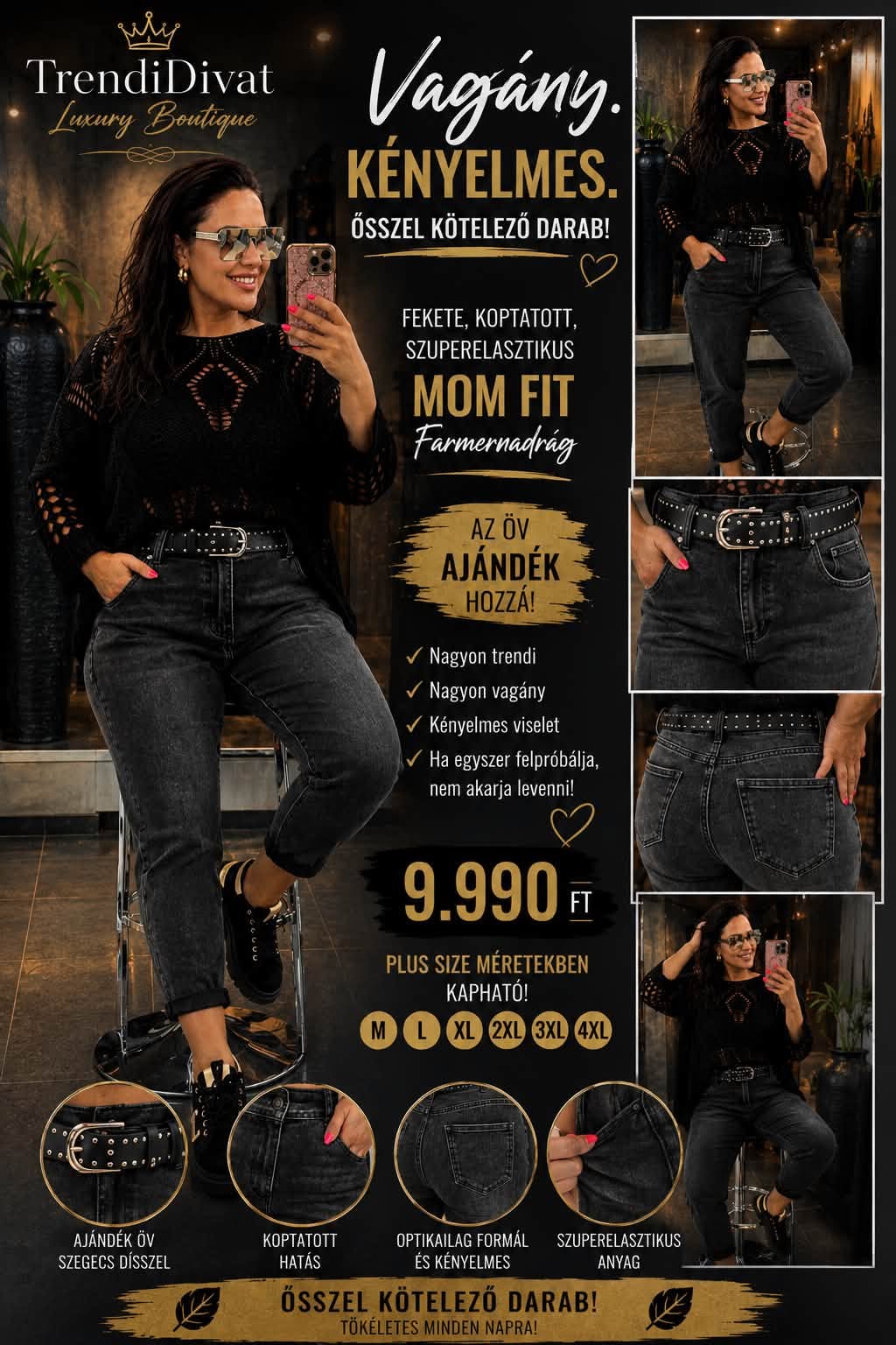 Plus size, koptatott fekete magas derekú női farmernadrág szegecses övvel "M1382-B"
