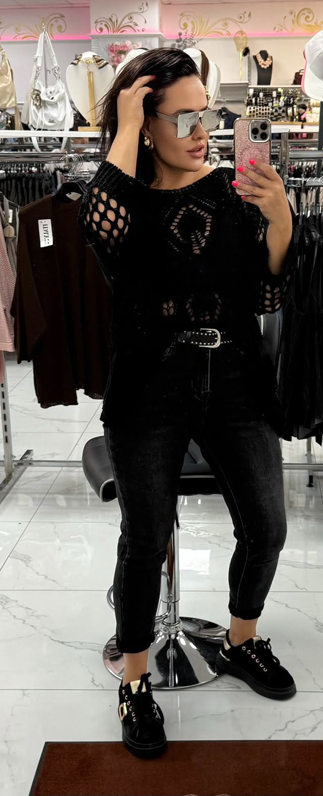 Plus size, koptatott fekete magas derekú női farmernadrág szegecses övvel "M1382-B" - Image 12