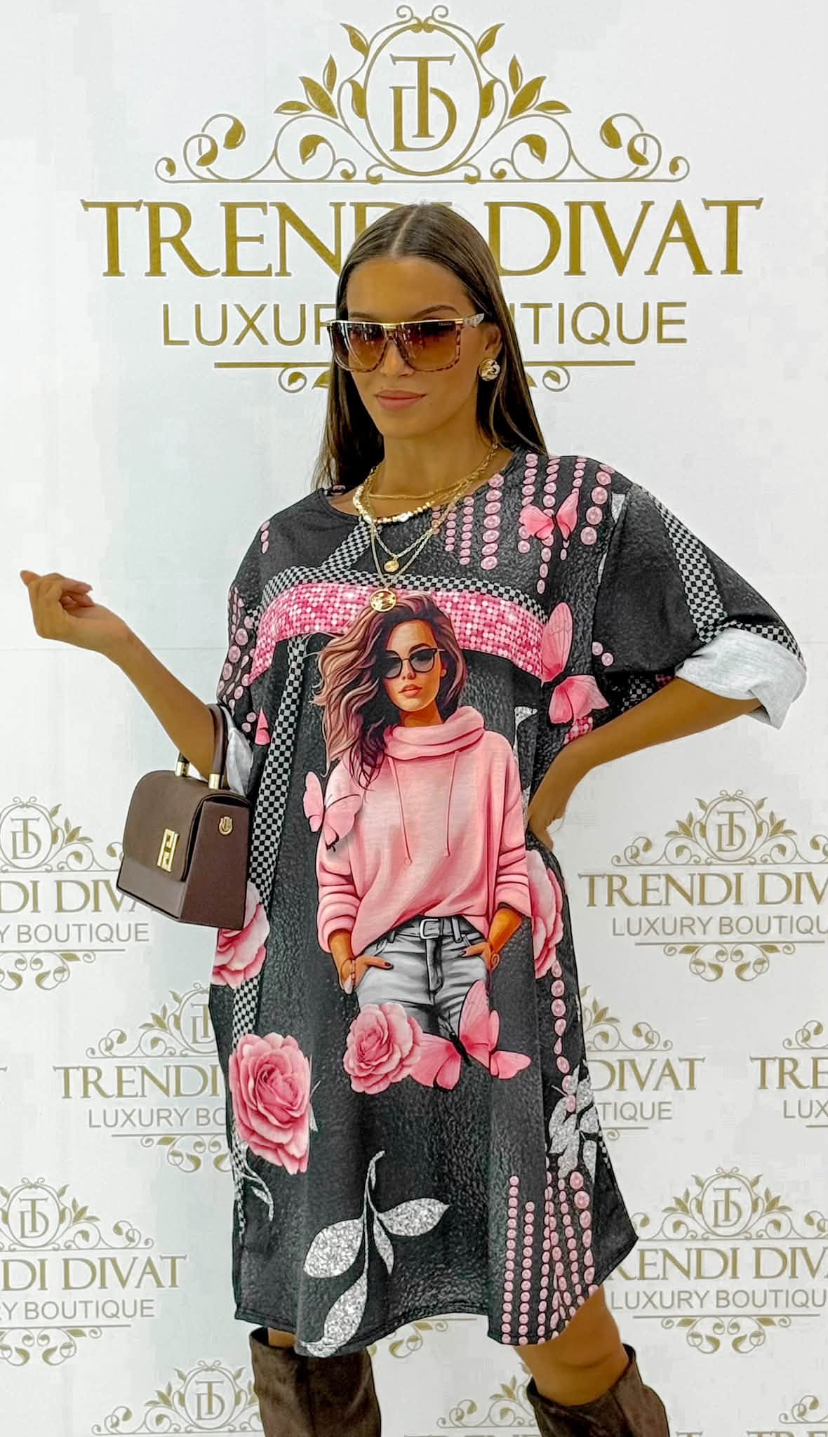 Oversize női portrés és rózsa mintás tunika ruha - Image 40